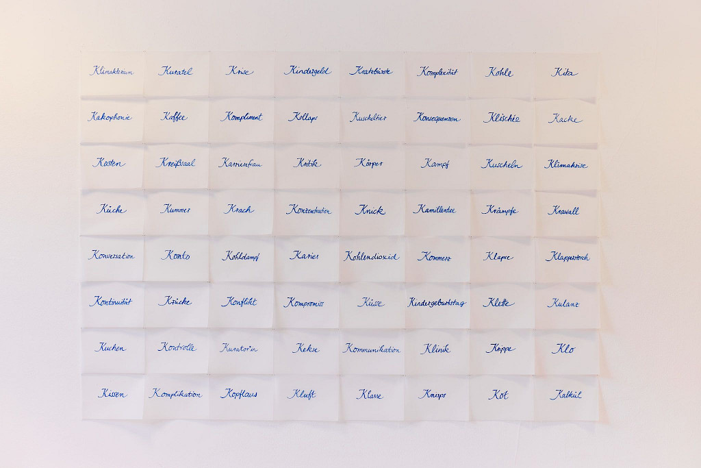 Foto einer Arbeit von Ines Doleschal. An einer wei&szlig;en Wand kleben wei&szlig;e Zettel. Auf die Zettel wurden W&ouml;rter mit dem Buchstaben &bdquo;K&ldquo; geschrieben. Zum Beispiel &ldquo;Kinder&rdquo;, &bdquo;K&auml;se&ldquo;, &bdquo;Kuscheln&ldquo; und &bdquo;Kr&auml;mpfe&ldquo;.
